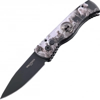 Автоматический складной нож Pro-Tech TR-2.4H1. Bruce Show Skull, клинок черный, сталь 154CM, рукоять алюминий, рисунок скелеты пиратов купить в Тольятти