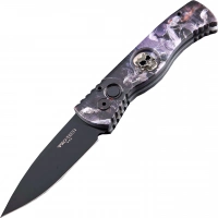 Автоматический складной нож Pro-Tech TR-2.4H1. Bruce Show Skull, клинок черный, сталь 154CM, рукоять алюминий, рисунок скелеты всадников купить в Тольятти